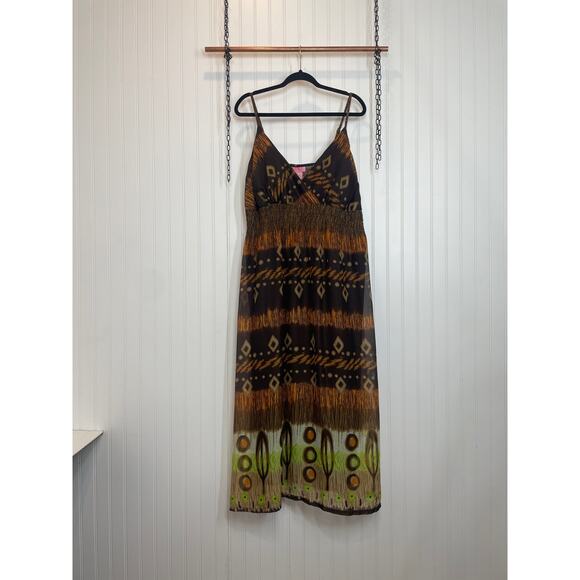 She’s is Cool Women’s V-Neck Maxi Dress Brown & Yellow Print Sleeveless Size 2XL - Picture 1 of 8